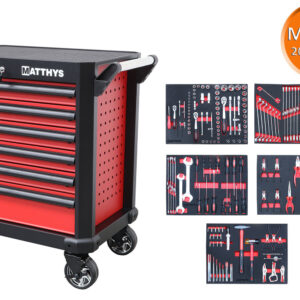 CARRO DE TALLER CON 205 HERRAMIENTAS MÉTRICAS EN BANDEJA DE ESPUMA