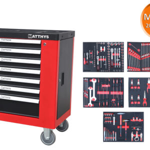 CARRO DE TALLER 7 CAJONES CON PUERTA LATERAL Y 205 HERRAMIENTAS MÉTRICAS EN BANDEJA DE ESPUMA