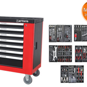 CARRO DE TALLER 7 CAJONES CON PUERTA LATERAL Y 205 HERRAMIENTAS MÉTRICAS