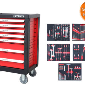 CARRO DE TALLER CON 205 HERRAMIENTAS MÉTRICAS EN BANDEJA DE ESPUMA