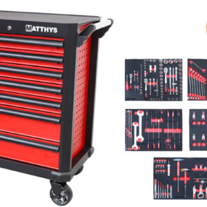 CARRO DE TALLER CON 205 HERRAMIENTAS MÉTRICAS EN BANDEJA DE ESPUMA