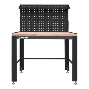 MESA DE TRABAJO CON PLANO DE TRABAJO DE MADERA MACIZA Y PANEL PORTAHERRAMIENTAS AJUSTABLE EN ALTURA - NEGRO - SMALL
