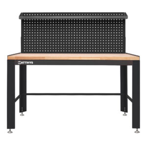 MESA DE TRABAJO CON PLANO DE TRABAJO DE MADERA MACIZA Y PANEL PORTAHERRAMIENTAS AJUSTABLE EN ALTURA - NEGRO – LARGE