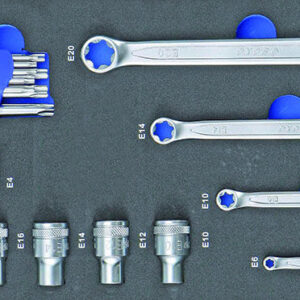 23 PCS. JUEGO DE LLAVES DE VASO E-TORX DE 1/4” Y 1/2” Y LLAVES DE DOBLE ANILLO TX