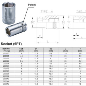 VASO 1/4” 6 CARAS MÉTRICO 4,5 MM
