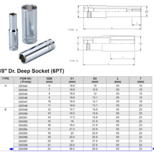 VASO LARGO 3/8” 6 CARAS MÉTRICO 22 MM