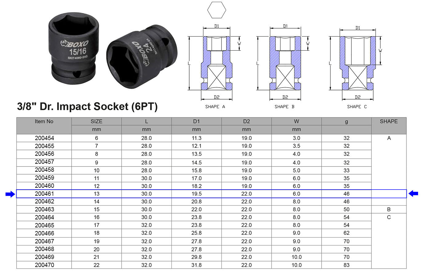 VASO DE IMPACTO 3/8” 6 CARAS MÉTRICO 13 MM