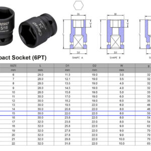 VASO DE IMPACTO 3/8” 6 CARAS MÉTRICO 15 MM