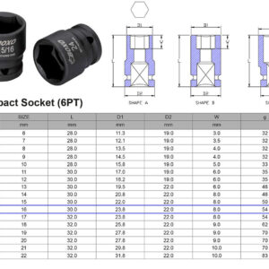 VASO DE IMPACTO 3/8” 6 CARAS MÉTRICO 16 MM