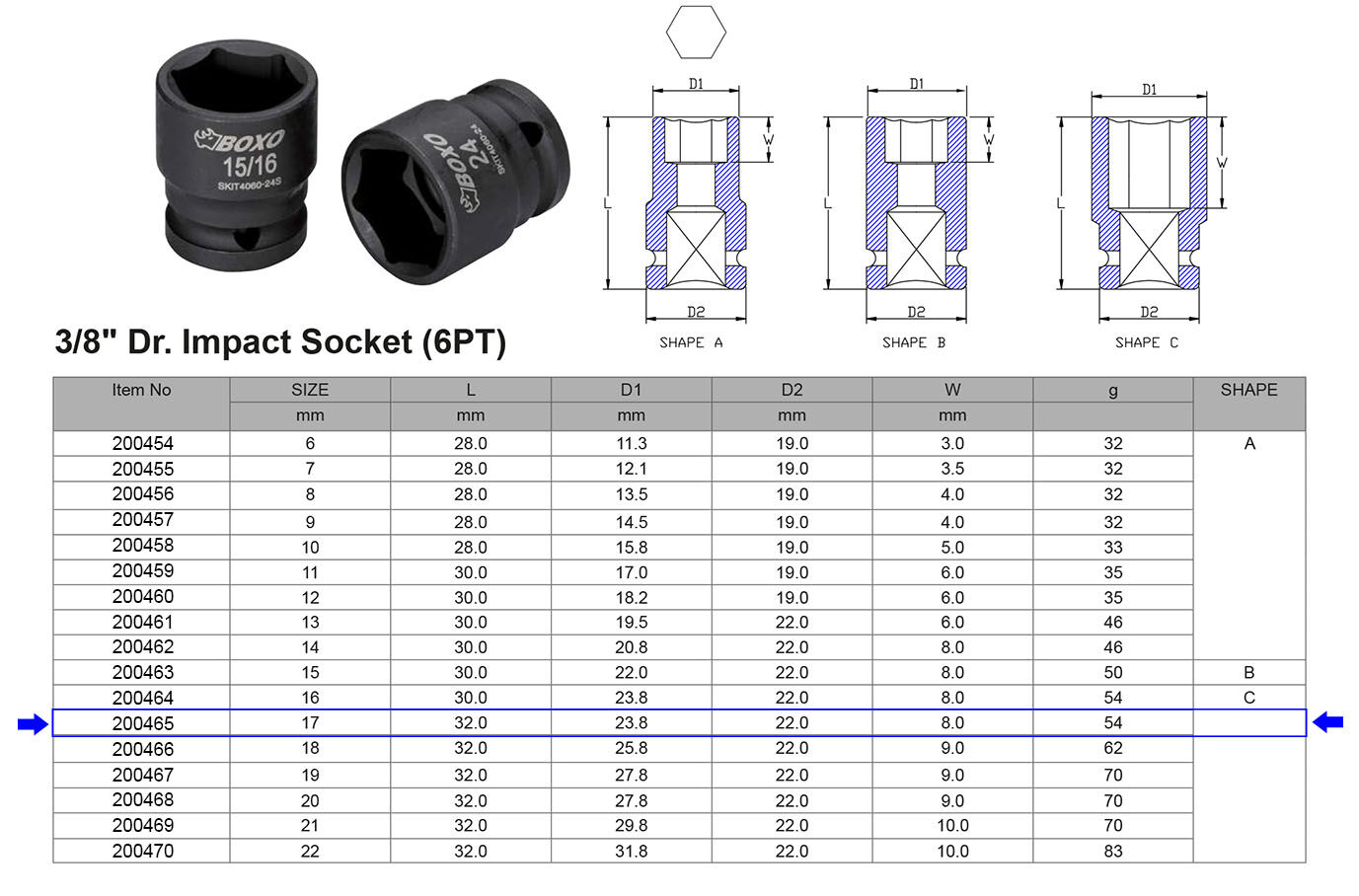 VASO DE IMPACTO 3/8” 6 CARAS MÉTRICO 17 MM