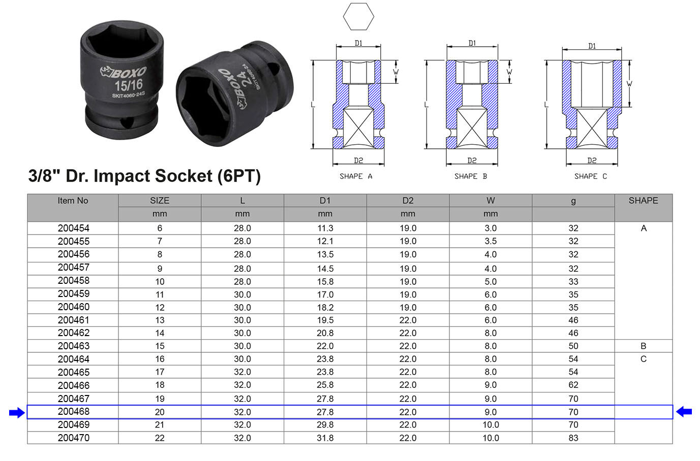 VASO DE IMPACTO 3/8” 6 CARAS MÉTRICO 20 MM
