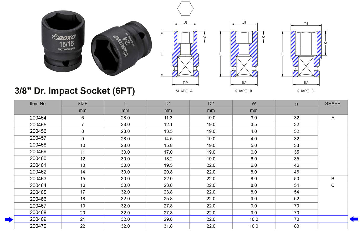 VASO DE IMPACTO 3/8” 6 CARAS MÉTRICO 21 MM