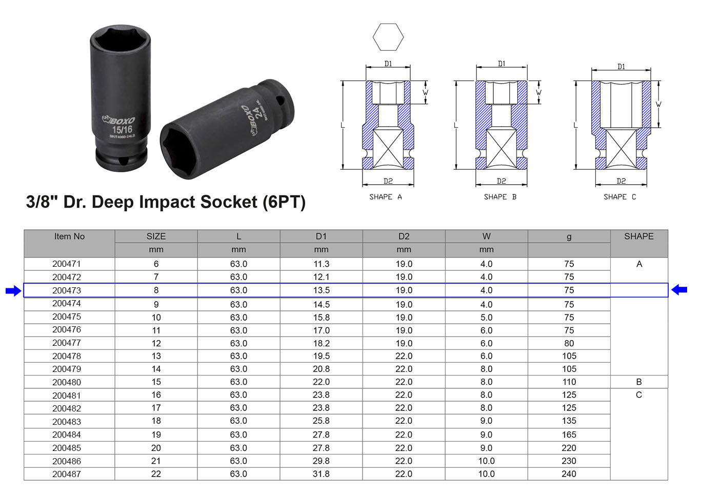VASO DE IMPACTO LARGO 3/8” 6 CARAS MÉTRICO 8 MM