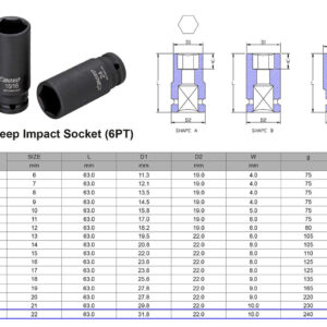 VASO DE IMPACTO LARGO 3/8” 6 CARAS MÉTRICO 22 MM
